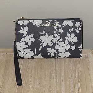 Michael Kors Jet Set Travel Double Zip Wristlet Navy Blue Floral Wallet